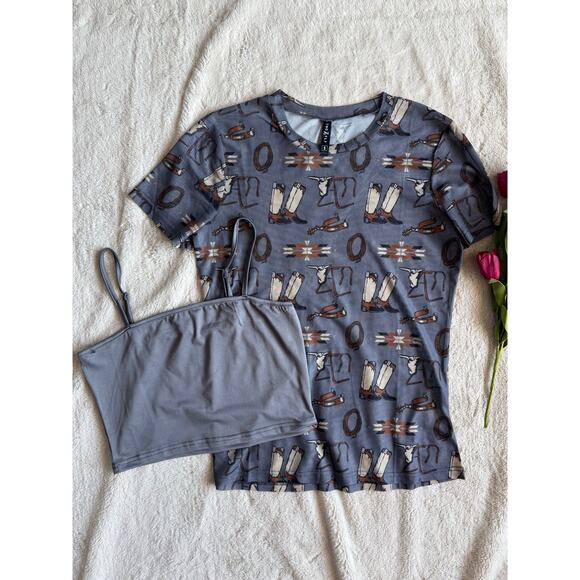 Two 2 Fly Tops - Two 2 Fly Western Boots Cow Skull Mesh Top with Crop Tank Size Small